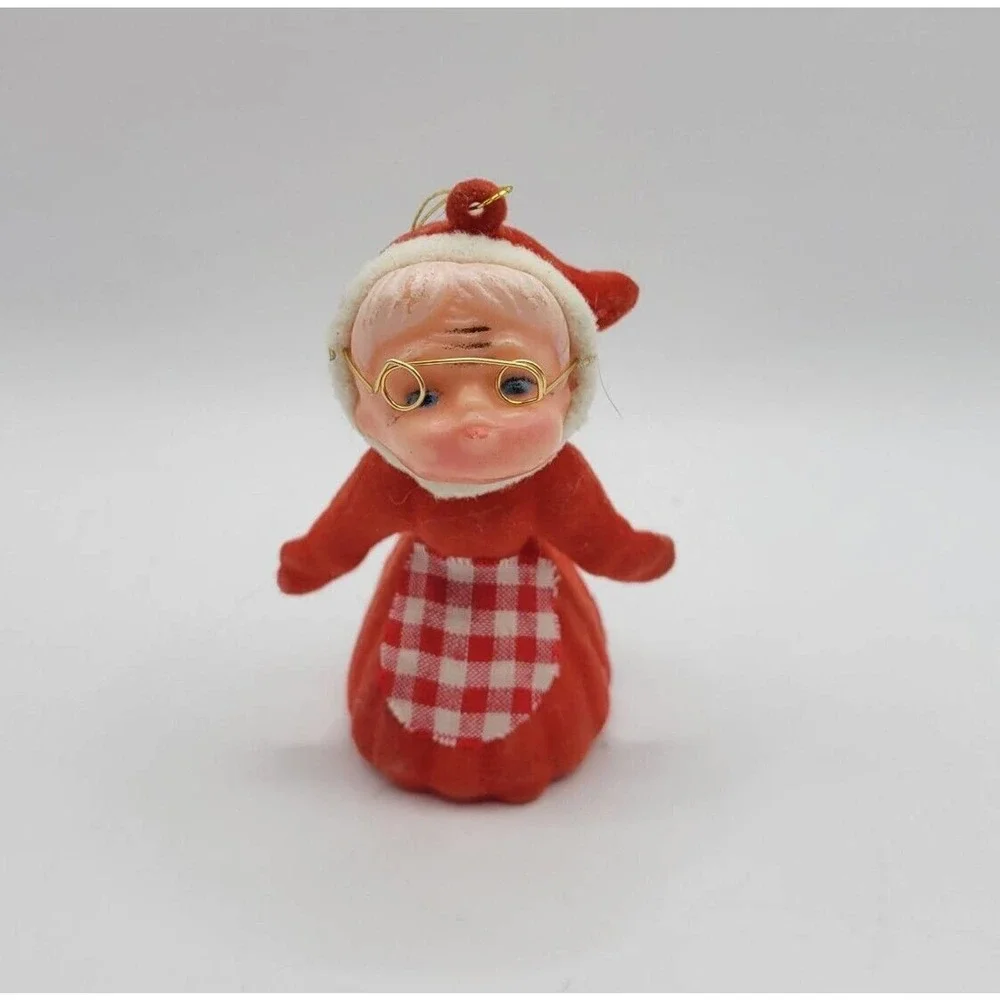 Vintage Flocked Mrs Claus Christmas Tree Ornament Figurine